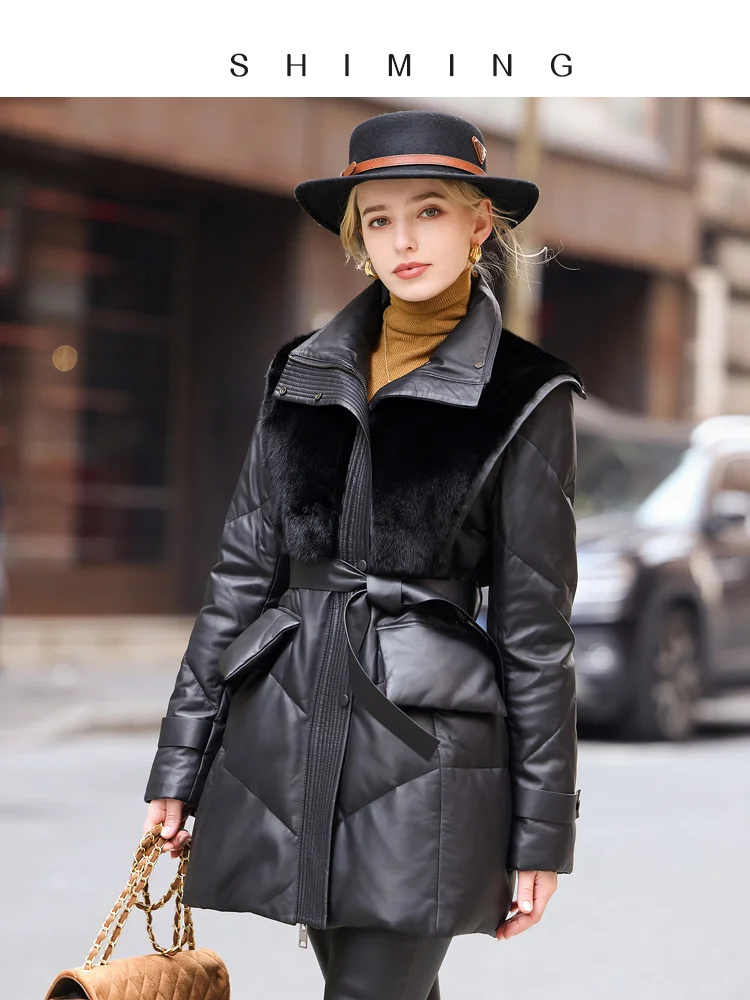 

2023 Winter New Fashion Genuine Leather Goose Down Suit Women's Mid Length Slim Fit Mink Fur Grass Coat