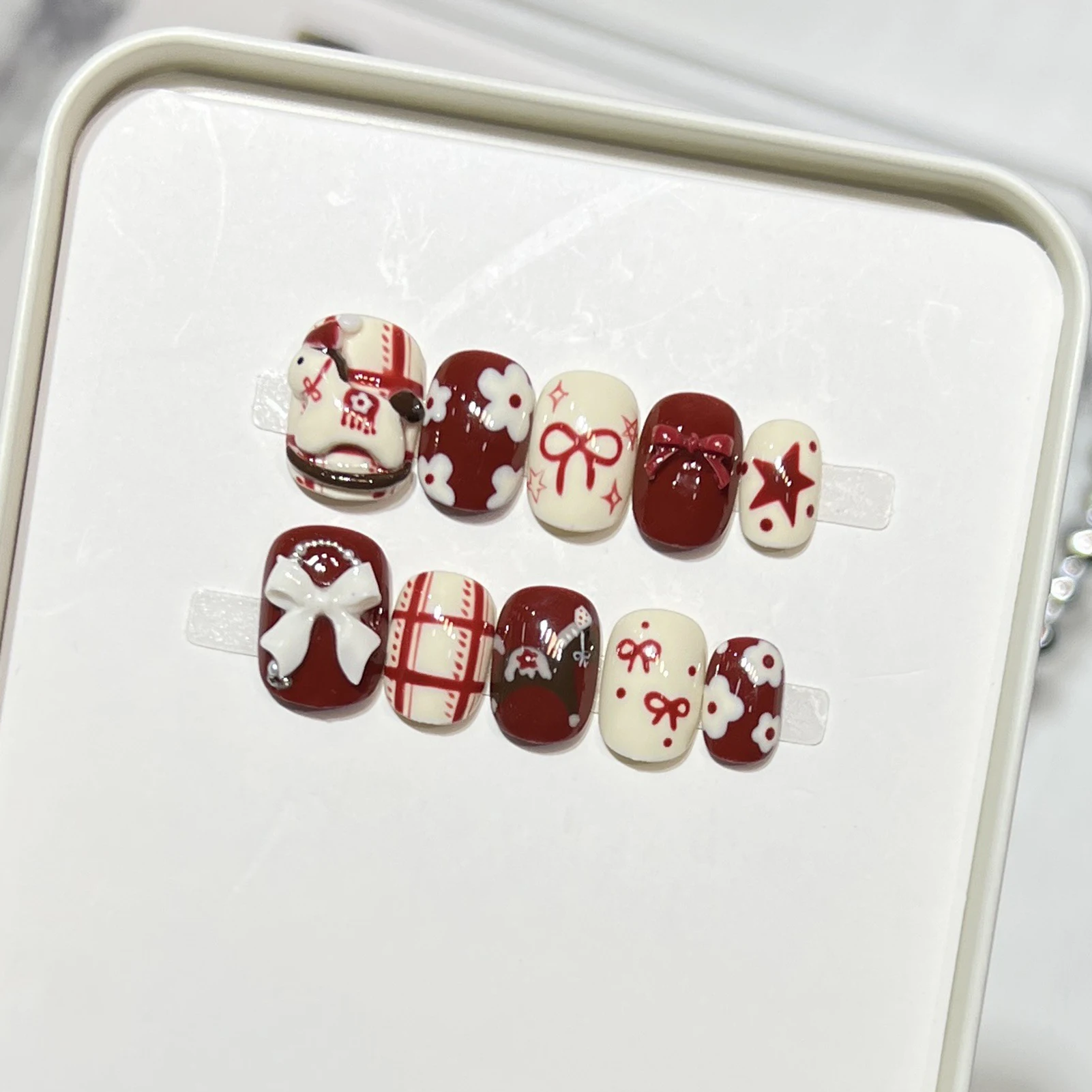 10 Stück kurze, quadratische künstliche Nägel, Löwentanz, goldene Laterne, Katzenaugen, künstliche Nägel, 3D-Design, Festival, Party, Hochzeit, Dekoration