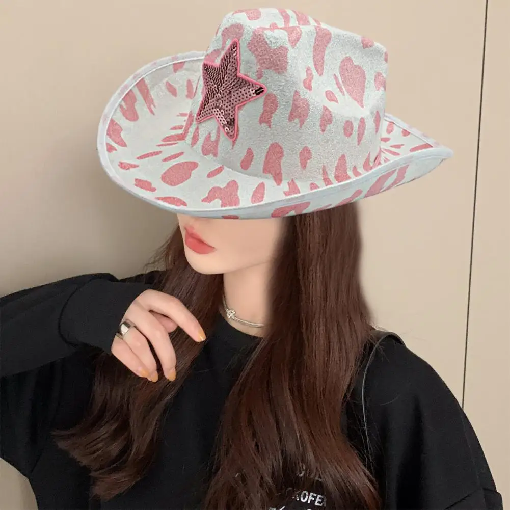 Women Hat Western Cowgirl Hat Sequin Star Fixed Strap Curled Brim Pink Sun Anti UV Lady Cosplay Performance Cap