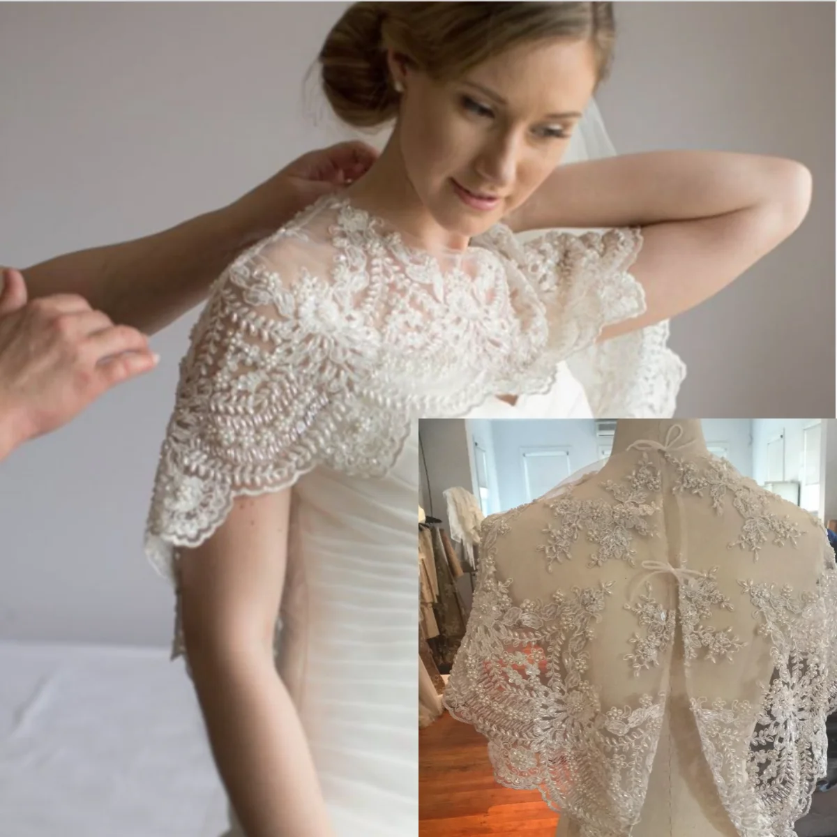 

Illusion Appliques Beaded Sleeveless Bolero Jacket O Neck Lace Up Bride Jackets For Strapless Bridal Dress Wedding Accessories