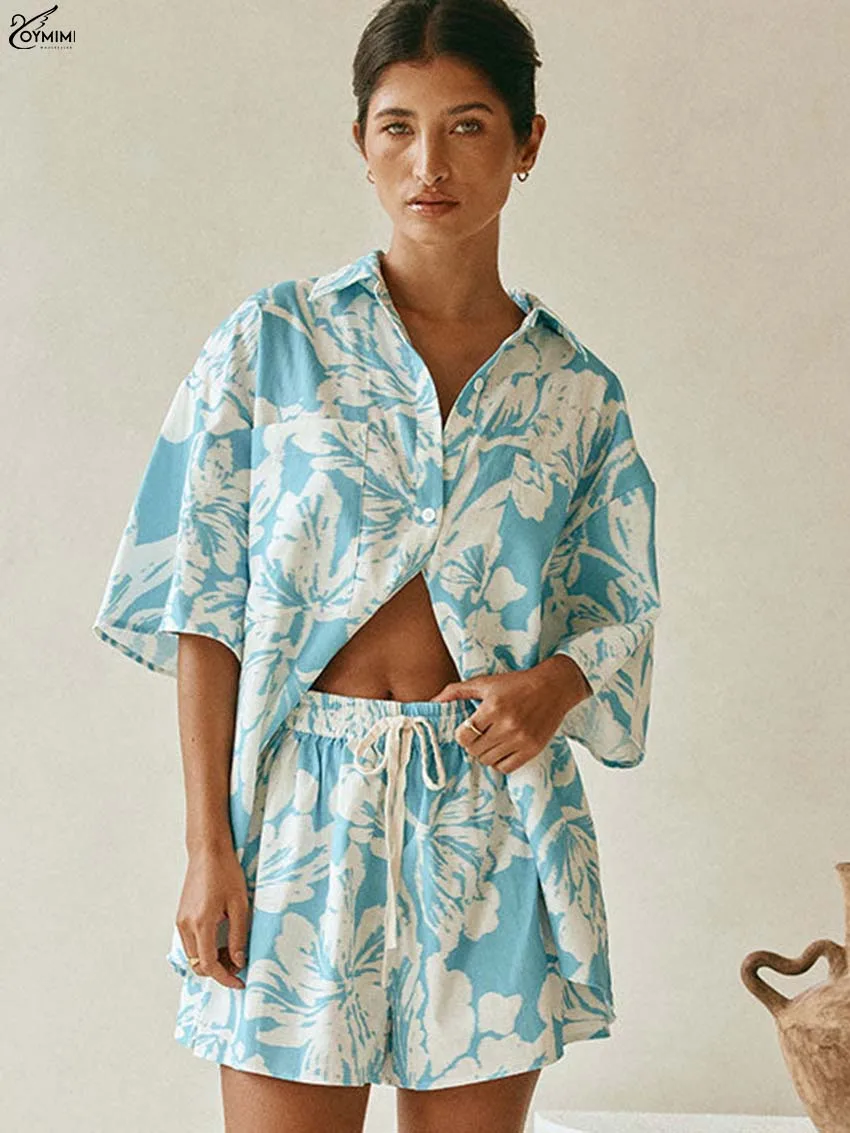 

Oymimi Autumn Blue Print 2 Piece Sets Woman Outfit Fashion Lapel Half Sleeve Single Breasted Shirts And Drawstring Shorts Sets