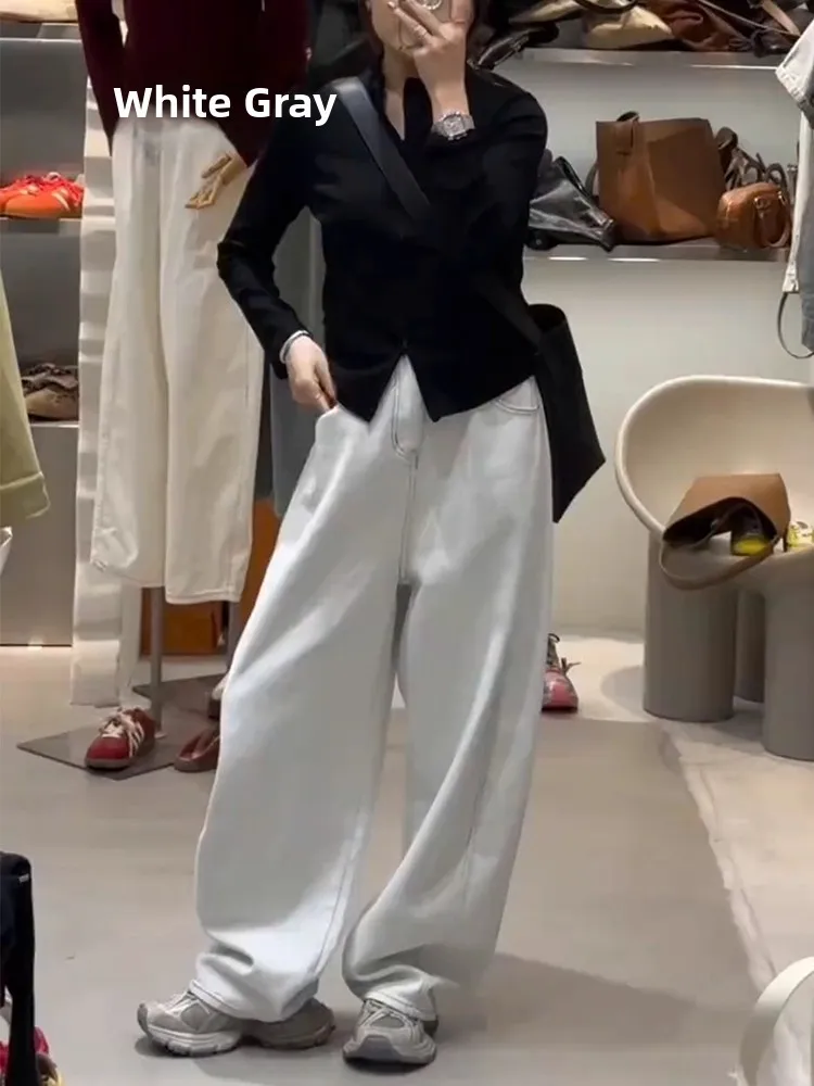 

White Harlan Knife Jeans Women's Loose Fit Pear Shape Body Winter New Large Size Fat MM Dragging Pants Casual High Waist Cott...