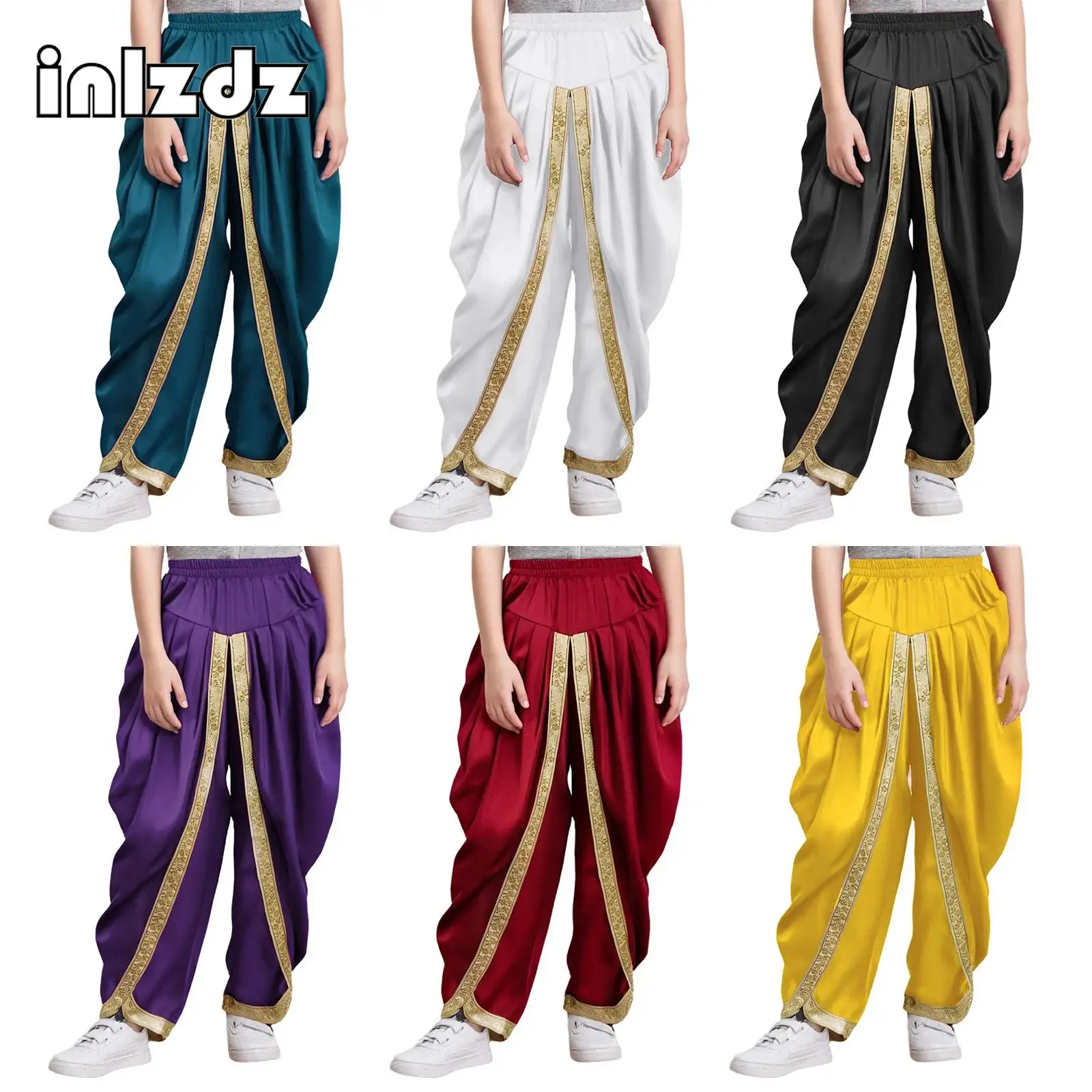 

Kids Boys Halloween Prince Dress Up Costumes Satin Dhoti Cosplay Pants Draped Baggy Trousers for Theme Party Fancy Dress Ball