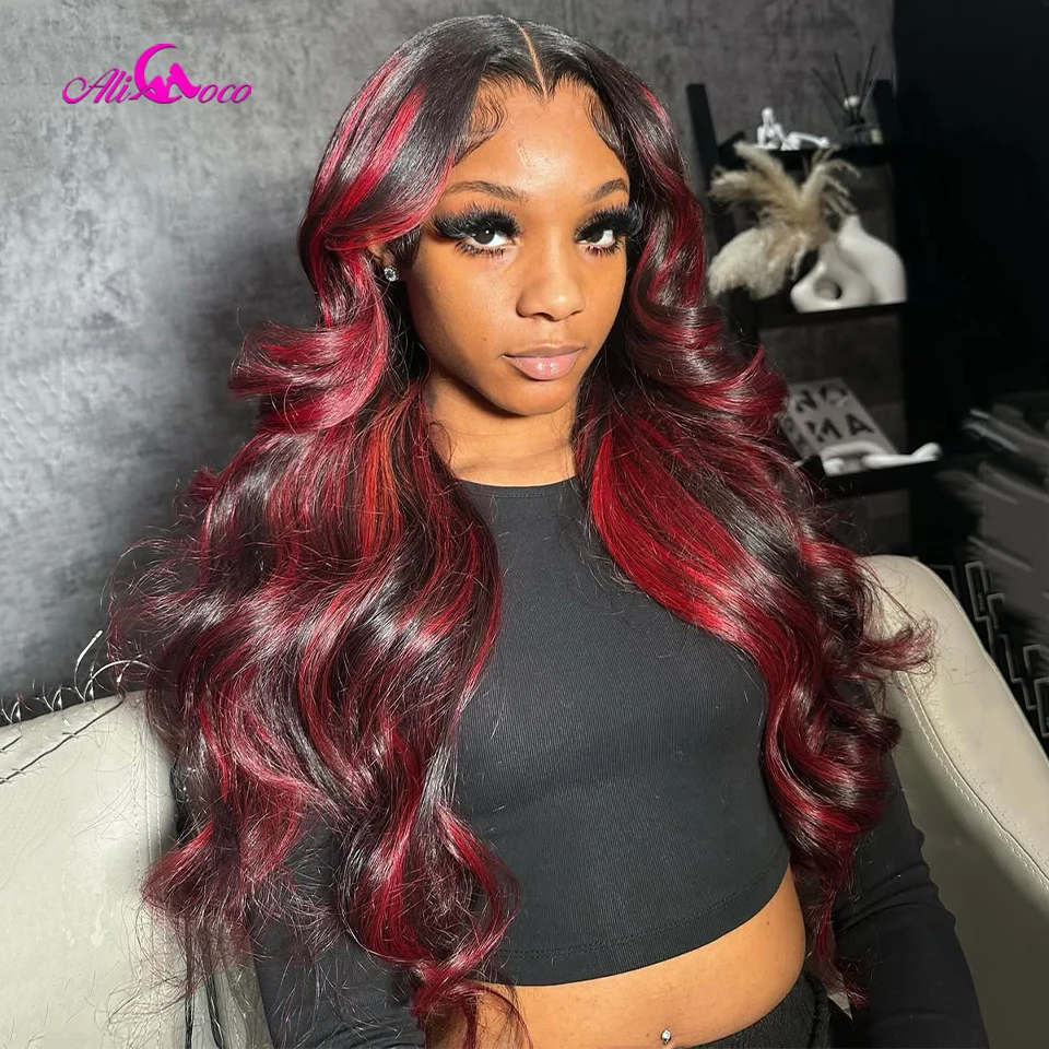 

Highlights Red Colored 13X6 Transparent Lace Front Wigs Body Wave Human Hair Wig Pre Plucked For Women