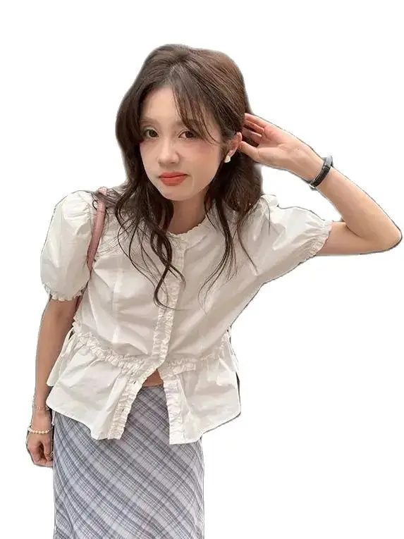 Shirt White Fungus Edge Drawstring Women Short Sleeve Slimming Waist Shirts Feminina Ladies Cropped Tops Korean Fashion Chic New