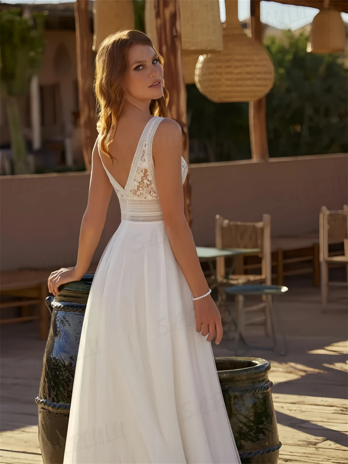 Cusotmized Lace Boho Wedding Dress V Neck Sleeveless Bohemian Beach Long Bride Dresses Zipper Closure Bridal Gown image 2