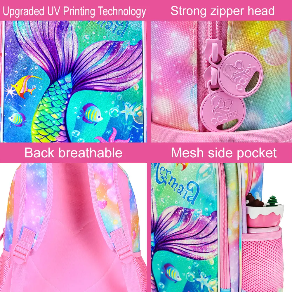 Zaini da 3 pezzi per ragazzi, coda per bambini elementari da 16 pollici del pesce colorato è rosa Zaino per libri scolastici in età prescolare e portapranzo