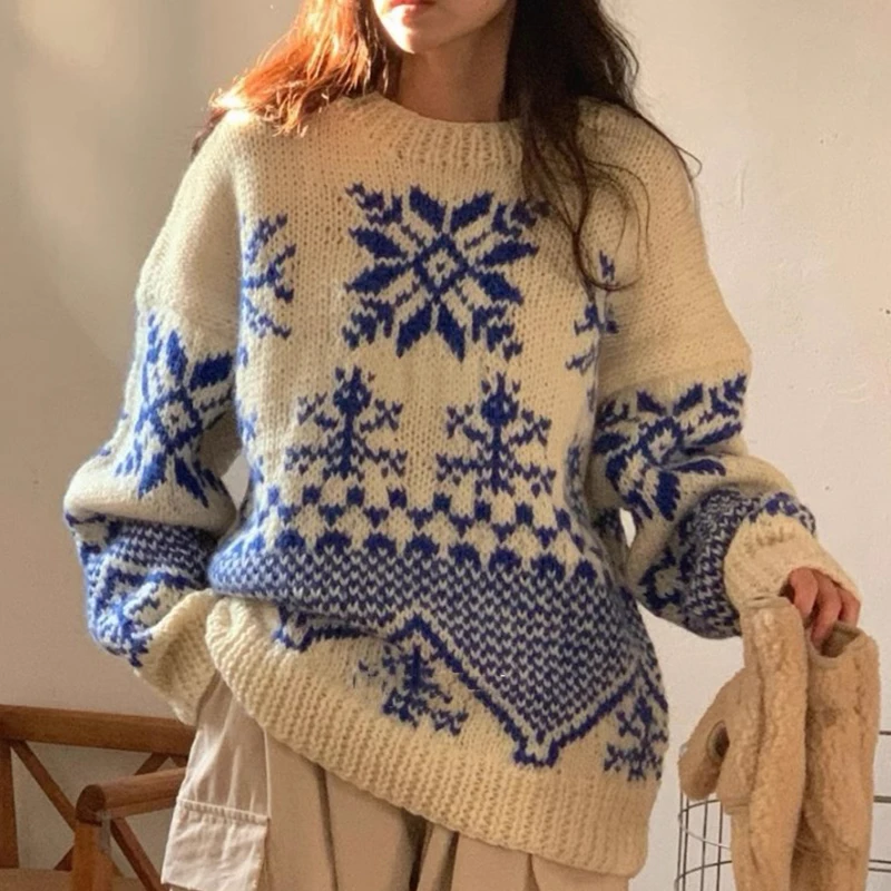 

Chic Winter Vintage Versatile round Ne Snowflake Color Blo Knitted Loose Casual Long Sve Sweater Women's Faion