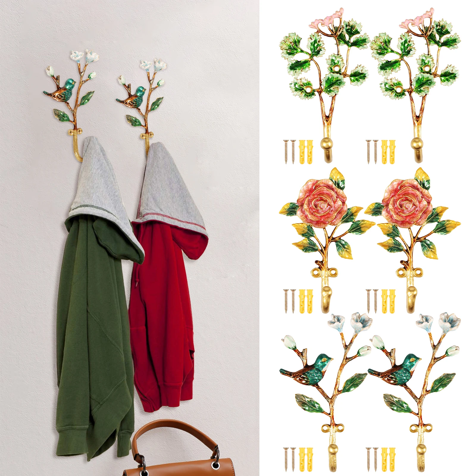 

2 Pcs Wall Hooks with 4 Screws Vintage Wall Hook Set Elegant Wall Hangers for Hanging Clothes Towels Keys Hats