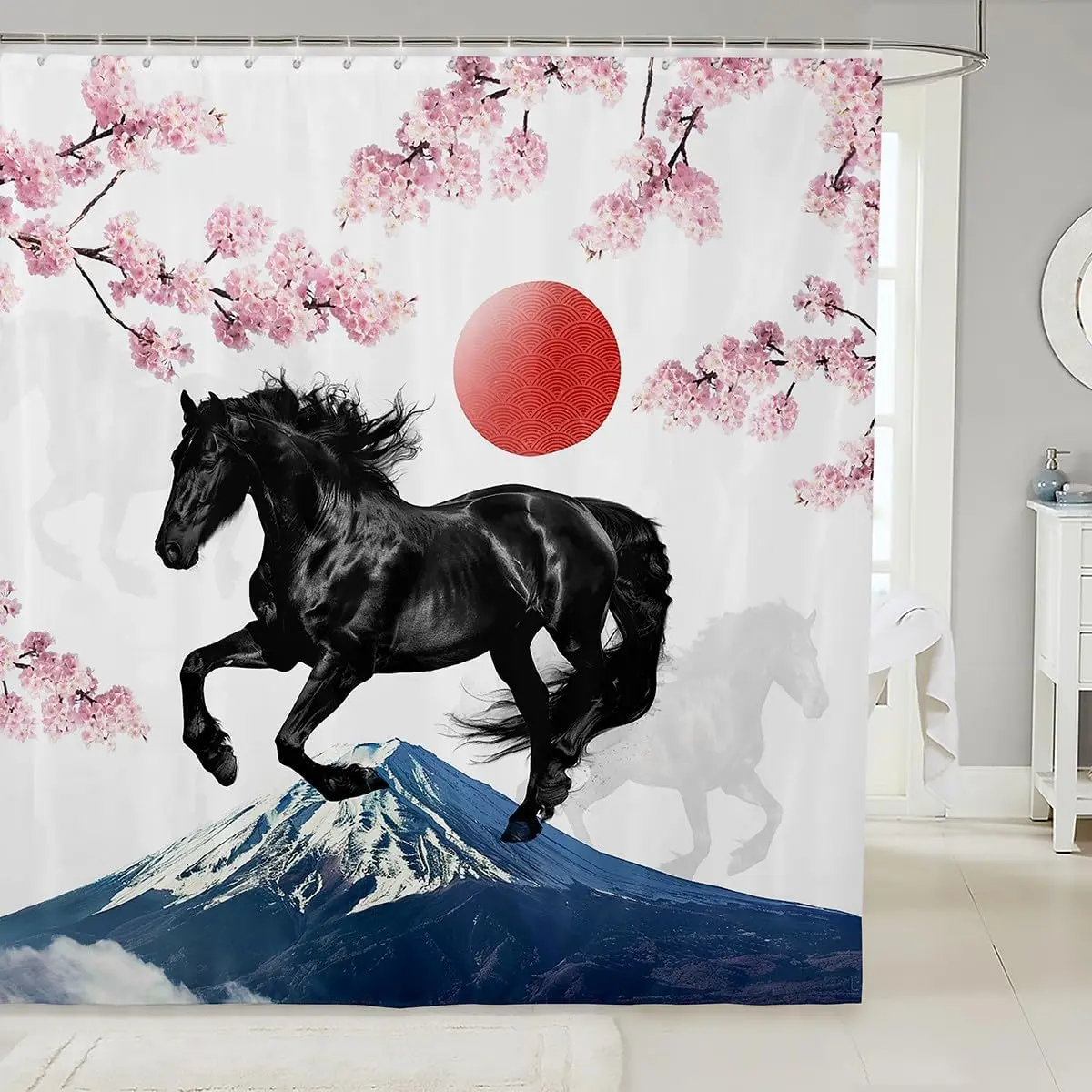 

Japanese Style Shower Curtain Pink Cherry Blossoms Waterproof Bathroom Curtain for Girls, Black Galloping Horse Bath Curtain