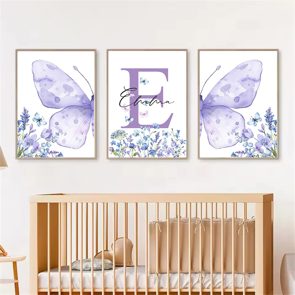Baby Nursery Name Wall Art - Karikatür Mor Çiçek Kelebek Tuval Poster