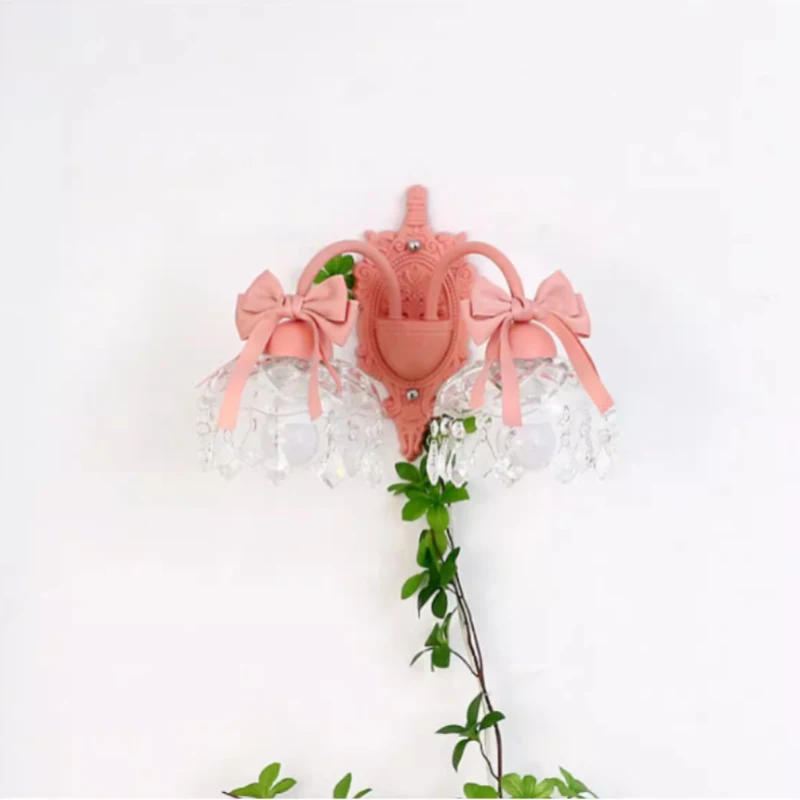 Pink Bow Princess Room Wall Lamps Cute Crystal Glass Lamp Warm Romantic Little Girl Bedroom Bedside Wall Lights Indoor Lighting