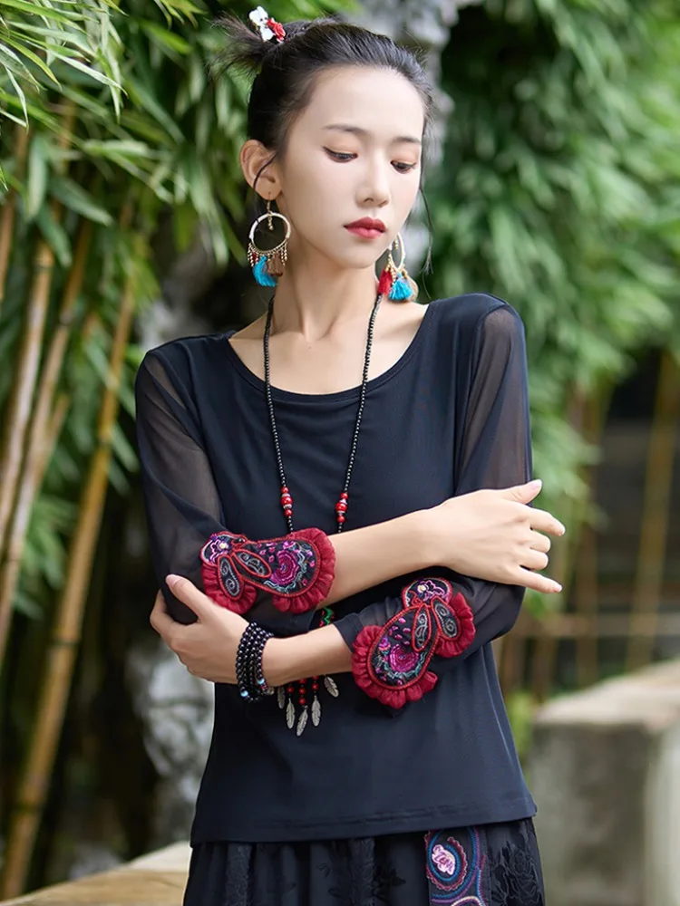 

Футболка для похудения с вышивкой Me Splice Seven Sve в стиле ретро, круглый нейлоновый женский топ для поездок на работу, осеннее новое поступление