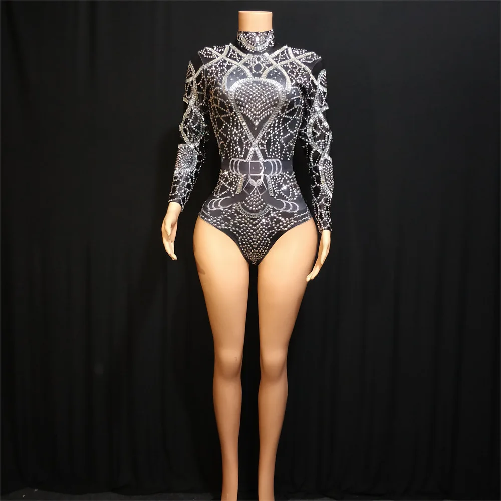 New Model Glamorous Rhinestone Birthday Party Stage Dress Women's Sexy Nightclub Performance Onesie Elastic Skinny Evening Gown