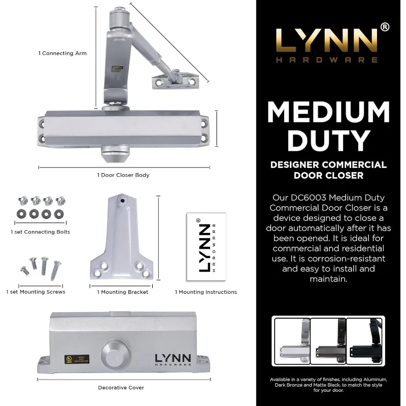 Medium Duty Commercial Door Closer - DC6003 Automatic Door Closer, Surface-Mounted Auto Door Closer, Size 3 Automa