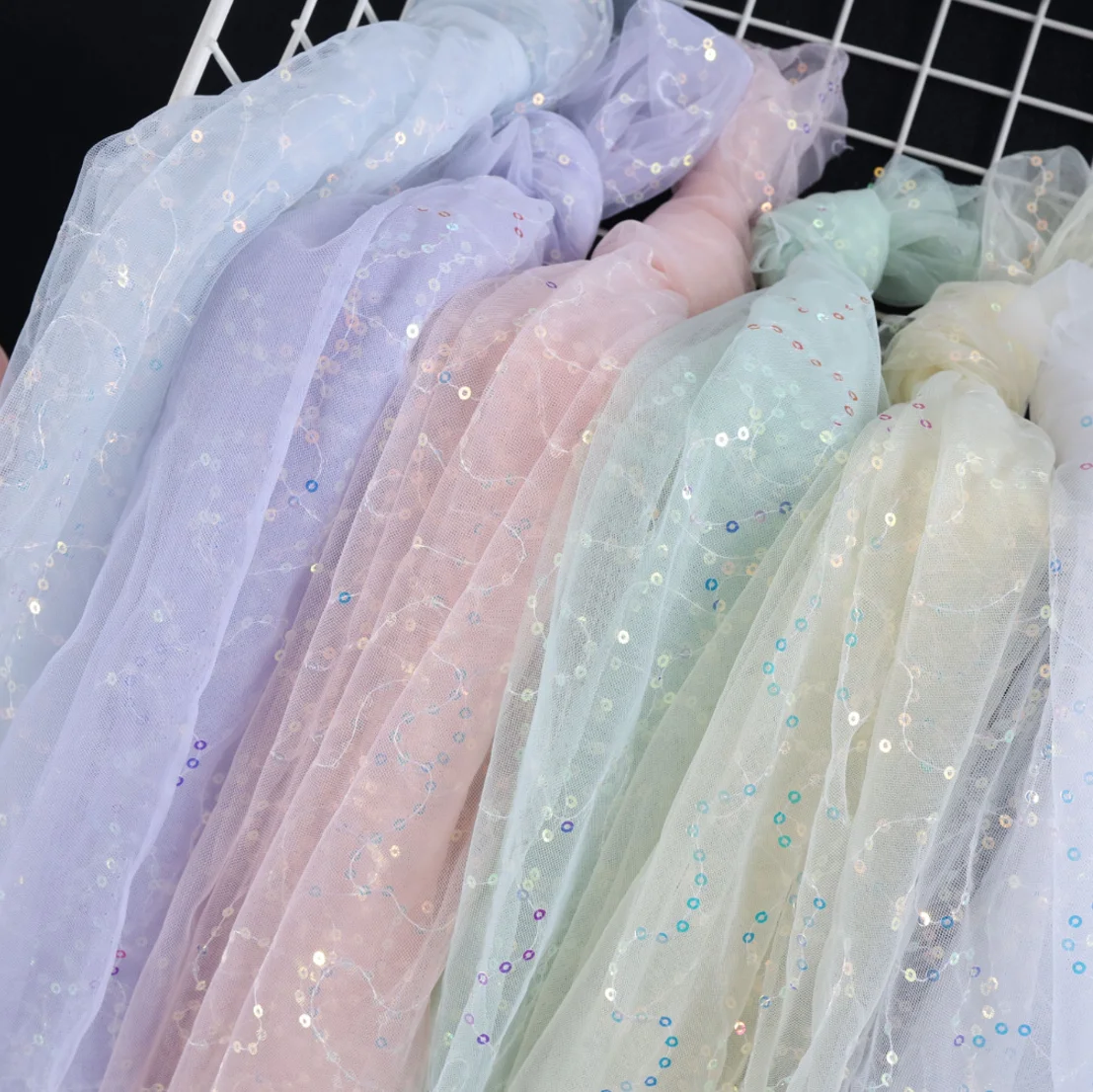 French Style Sequin Mesh Lace Fabric Tulle Soft Net For Sewing Women Luxury Dress Robe Trailing Trimming Wedding Background