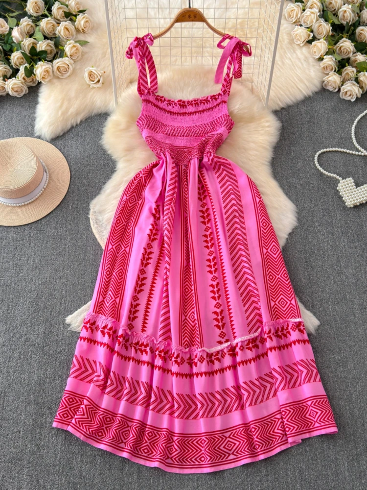 SsTss 2024 New Chic Summer Vacation Beach Midi Dress Women Fashion Tie-up Strap Square Neck Sleeveless Pleated Slim A Line Dress