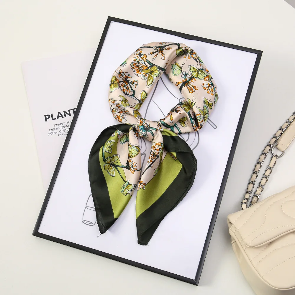 Square Scarf 70cm Faux Silk Floral Polka Dot Women Neck Sun Protection Premium Lightweight Multicolor Daily Travel Gift