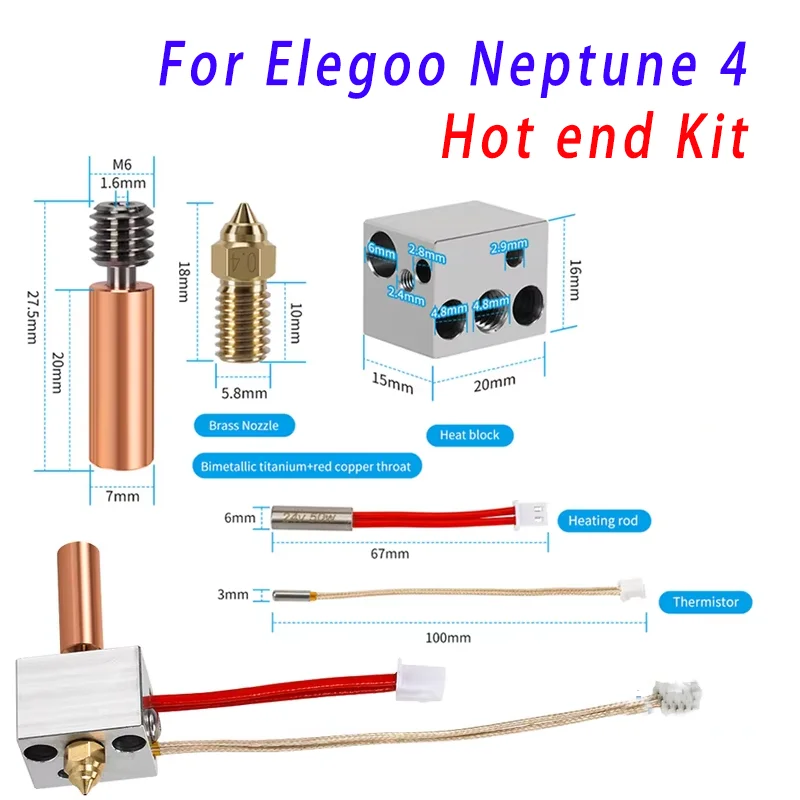 3D Printer Hotend Kit For Elegoo Neptune 4 For Upgraded Copper Pipe Metal Heater Block Brass Nozzle Heating Rod Thermisto