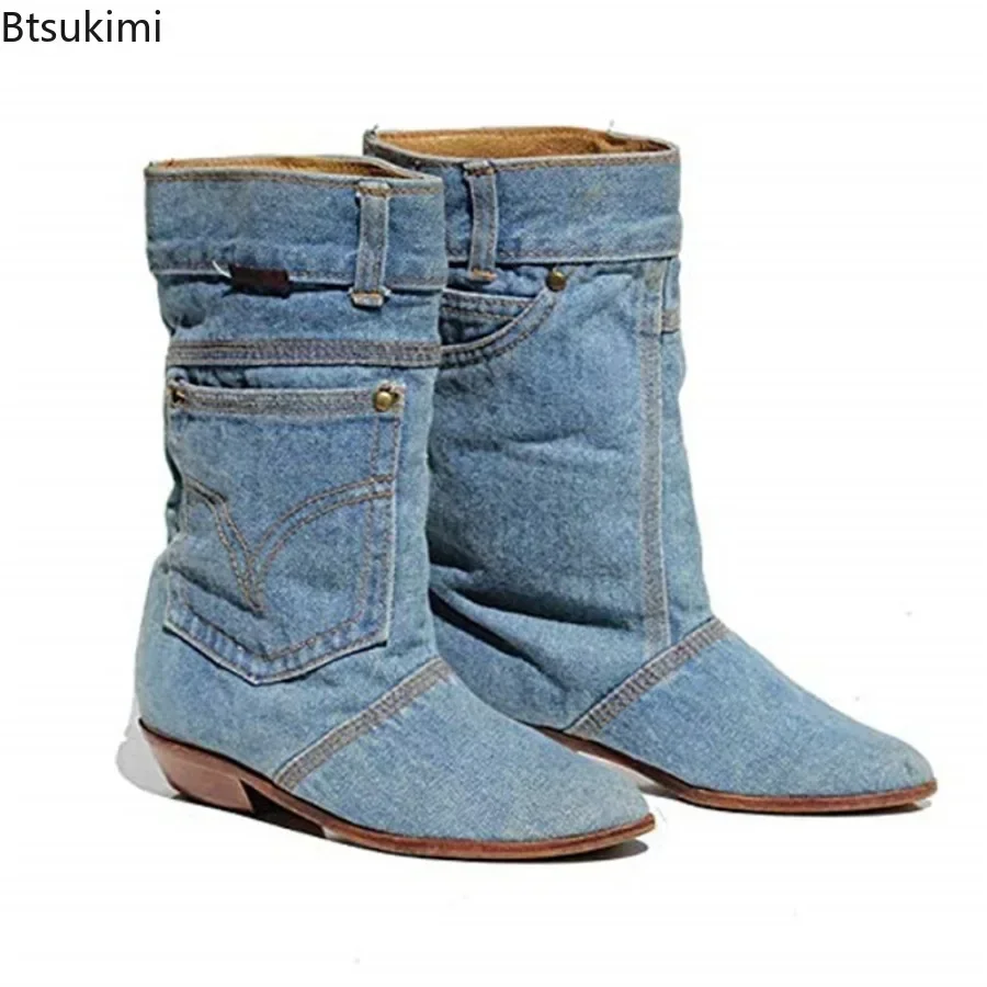 New 2024 Women\'s Denim Mid Calf Boots Low Heel Casual Short Boots Female Jeans Leather Pointed Toe Cowboy Boots Big Size 34-43