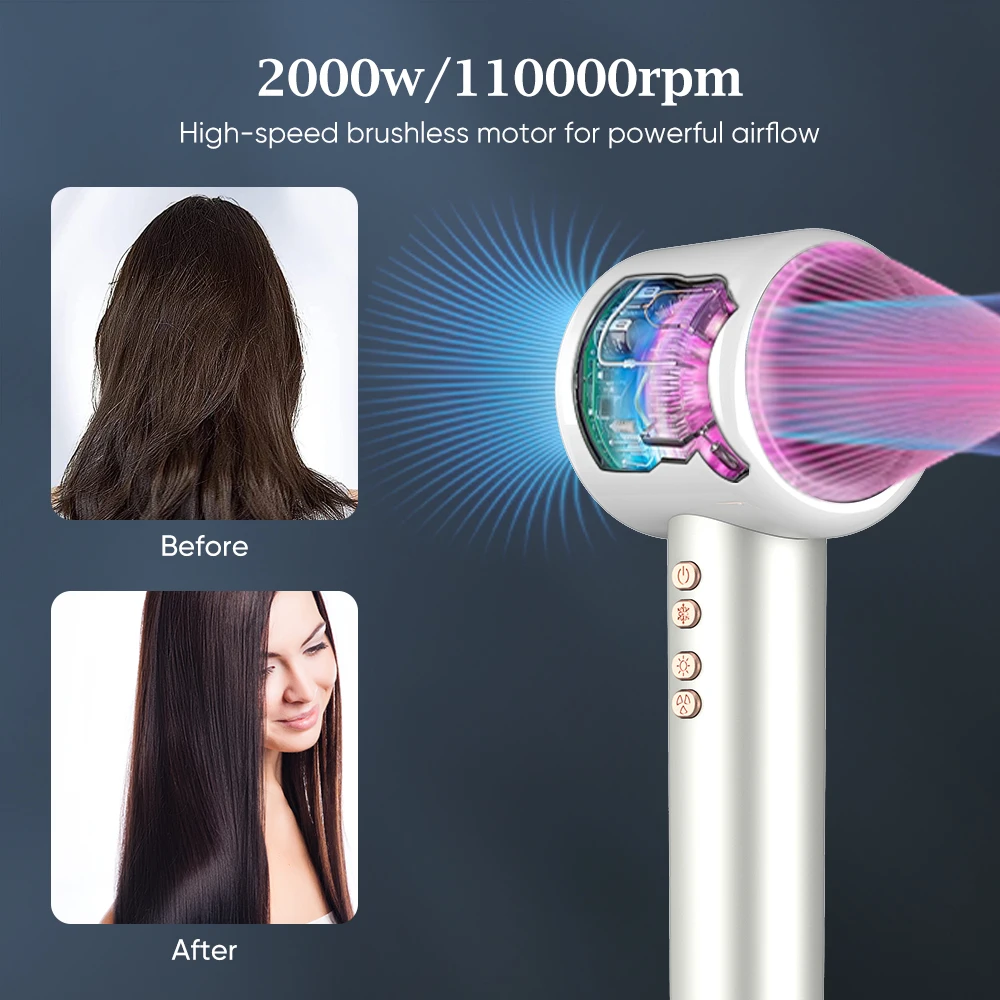 مجفف شعر قوي سريع الجفاف 110000 دورة في الدقيقة Bldc Motor مجفف شعر فائق 2024 مجموعة مجفف شعر أيوني عالي السرعة