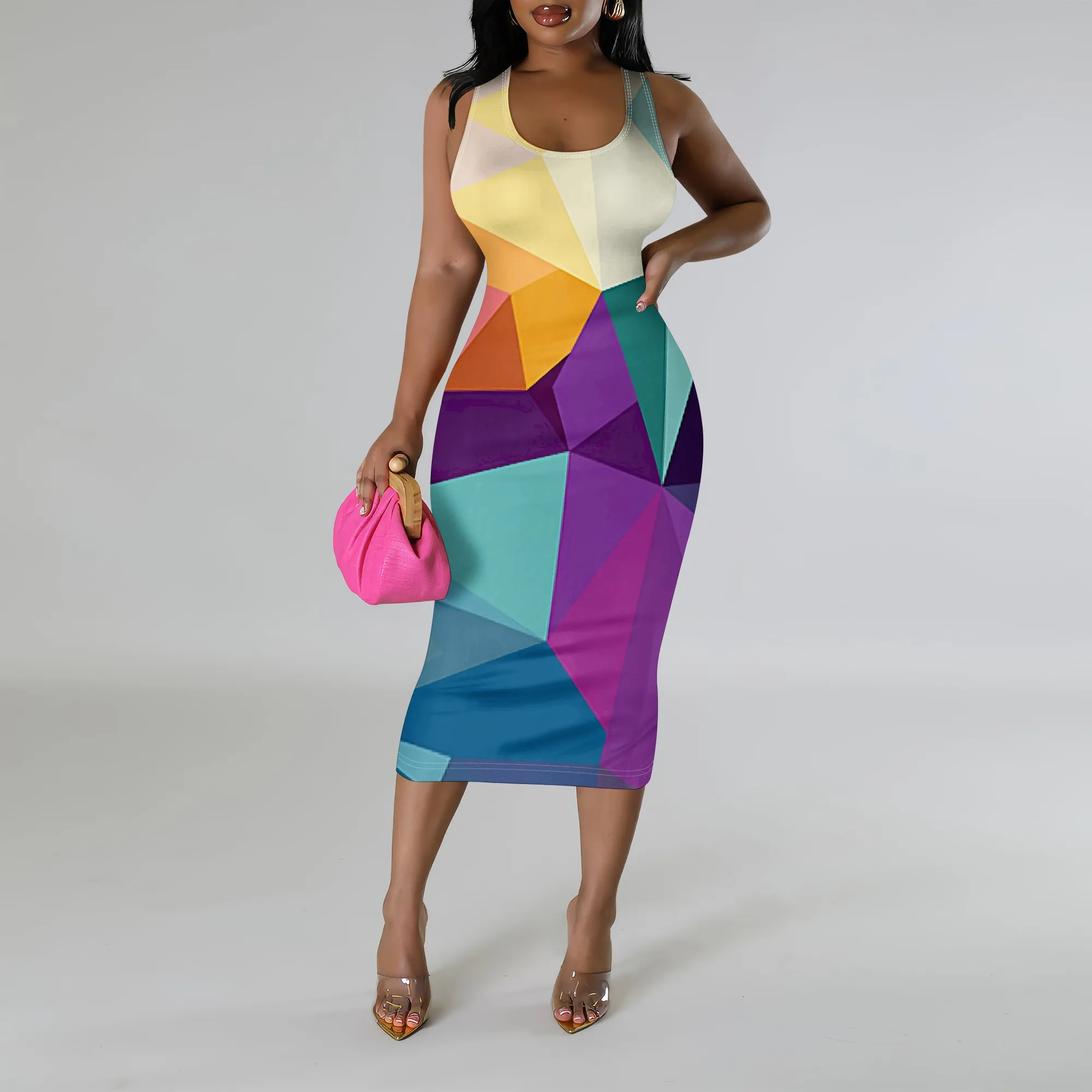 

Colorblock Geometric Midi Dress S-3XL Sleeveless Bodycon Style for Art Gallery, Summer Brunch or Creative Streetwear Look