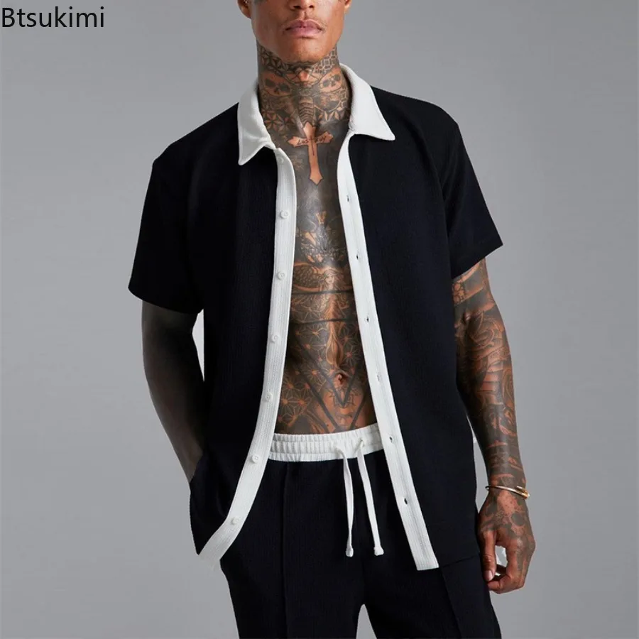 2024 Summer Men's Casual Sport Sets Fashion Patchwork Short Sleeve Shirt Cardigan and Shorts Suit Men Trend Streetwear Tracksuit