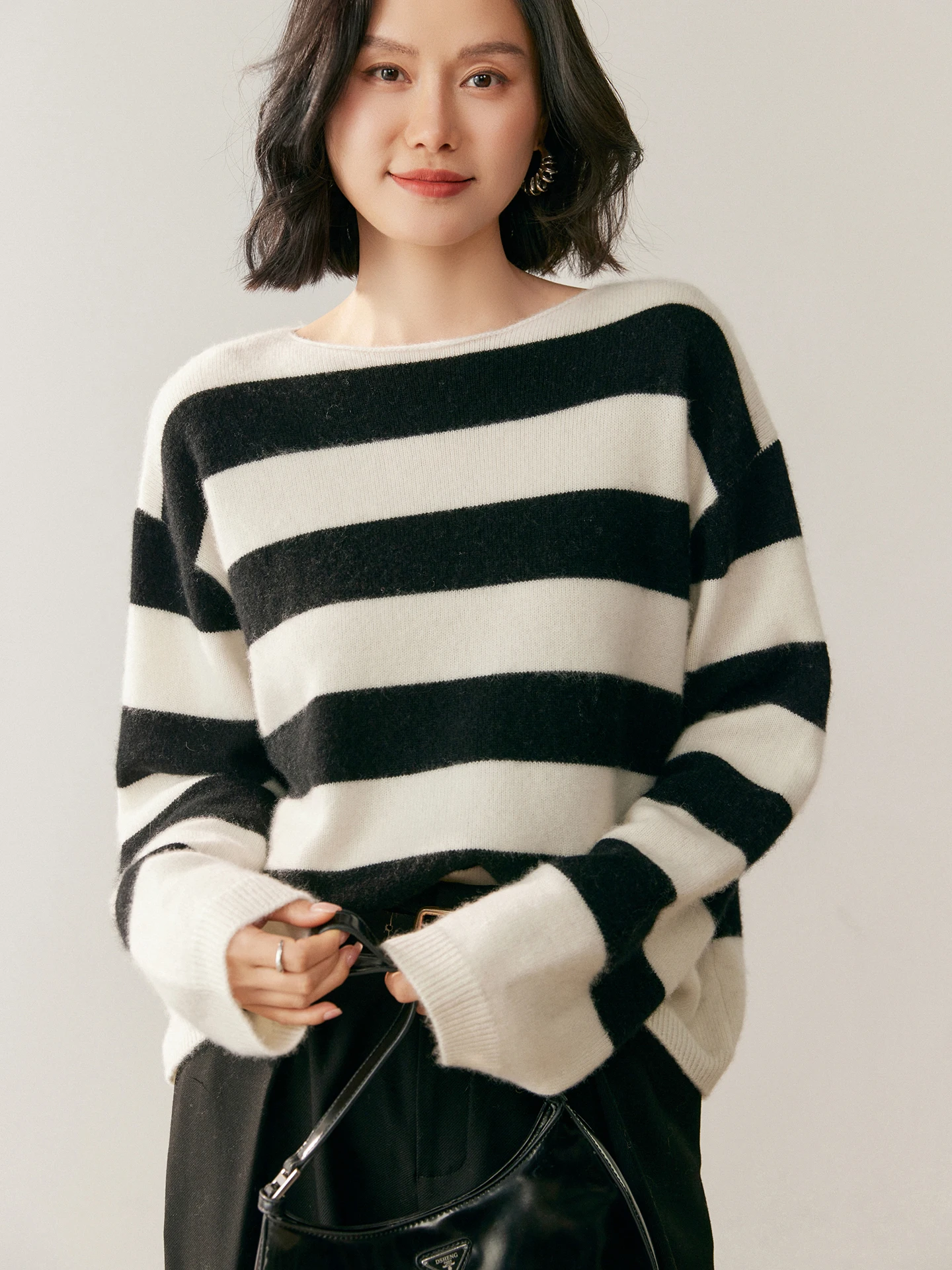 TLOML Damska odzież dzianinowa ze 100% kaszmiru, sweter z okrągłym dekoltem, luźny, w paski, na jesień i zimę, gruby, ciepły, luźny krój, wygodne topy