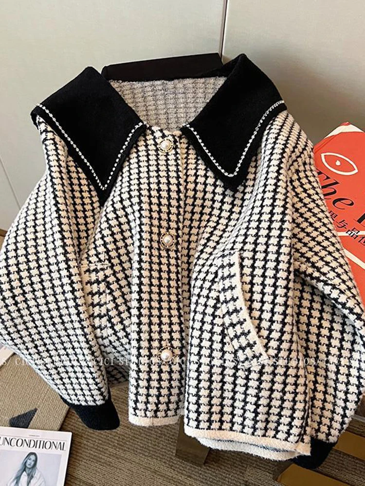 Jmprs Chic Sailor Collar Plaid Jackets Women Sweet Long Sleeve Korean Loose Coats Fashion Diamonds Elegant Female Design Tops