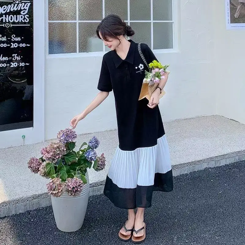 

2026 Summer Women's Dresses Loose Korean Style Simple Patchwork Pleaed Dress Knitted Shirt Dress Lady Vestidos Female Robe