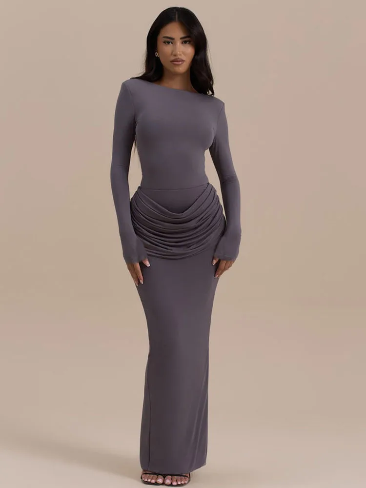 JULISSA MO Elegant Round Neck High Slit Ruched Women Maxi Dress Coffee Long Sleeve High Waist Autumn Skinny Party Evening Dress