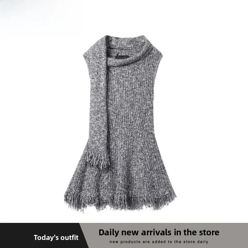 

New Autumn Women's Knitted Top with Scarf Collar And Frayed Hem ZR Sle ort Length Warm Polyester Fiber Hooded Sweatirt