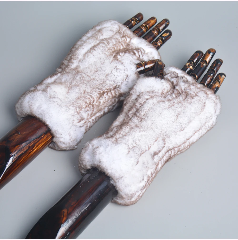 New Women 100% Real Genuine Knitted Rex Rabbit Fur Mittens Winter Warm Lady Real Fur Fingerless Gloves Handmade Knit Fur Mitten