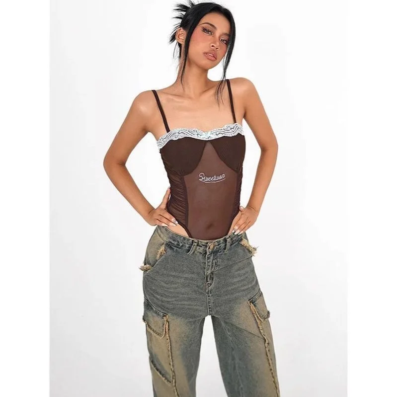 Sexy Splice Netting One-Piece Suit with Chest Pad Strap Pure Desire Top Cross-Border Southeast Asia Style Knitted Thin Summer