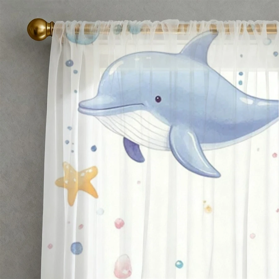 2PCS Digital Print Sheer Curtain, Dolphin Jellyfish, Modern Minimalist Window Curtains for Living Room Bedroom Home Decor