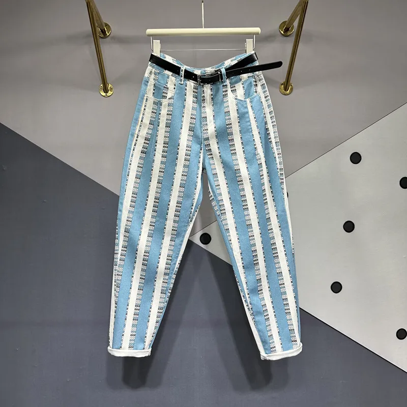 Spijkerbroek Met Streepprint Vrouwen Potlood Broek Lente Zomer Casual Zak Denim Harem Hoge Taille Broek Gewassen Jeans Vrouw