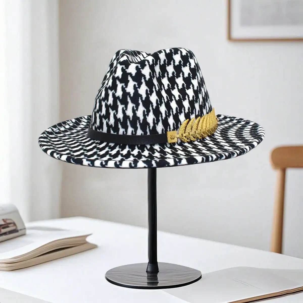 قبعة راعية البقر ذات وجهين للنساء والرجال بنمط houndstooth وحزام ذو حافة واسعة وقبعة غربية #4