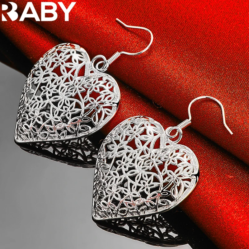 

URBABY 925 Sterling Silver Hollow Heart Drop Earrings For Woman Wedding Engagement Party Charms Jewelry Free Shipping