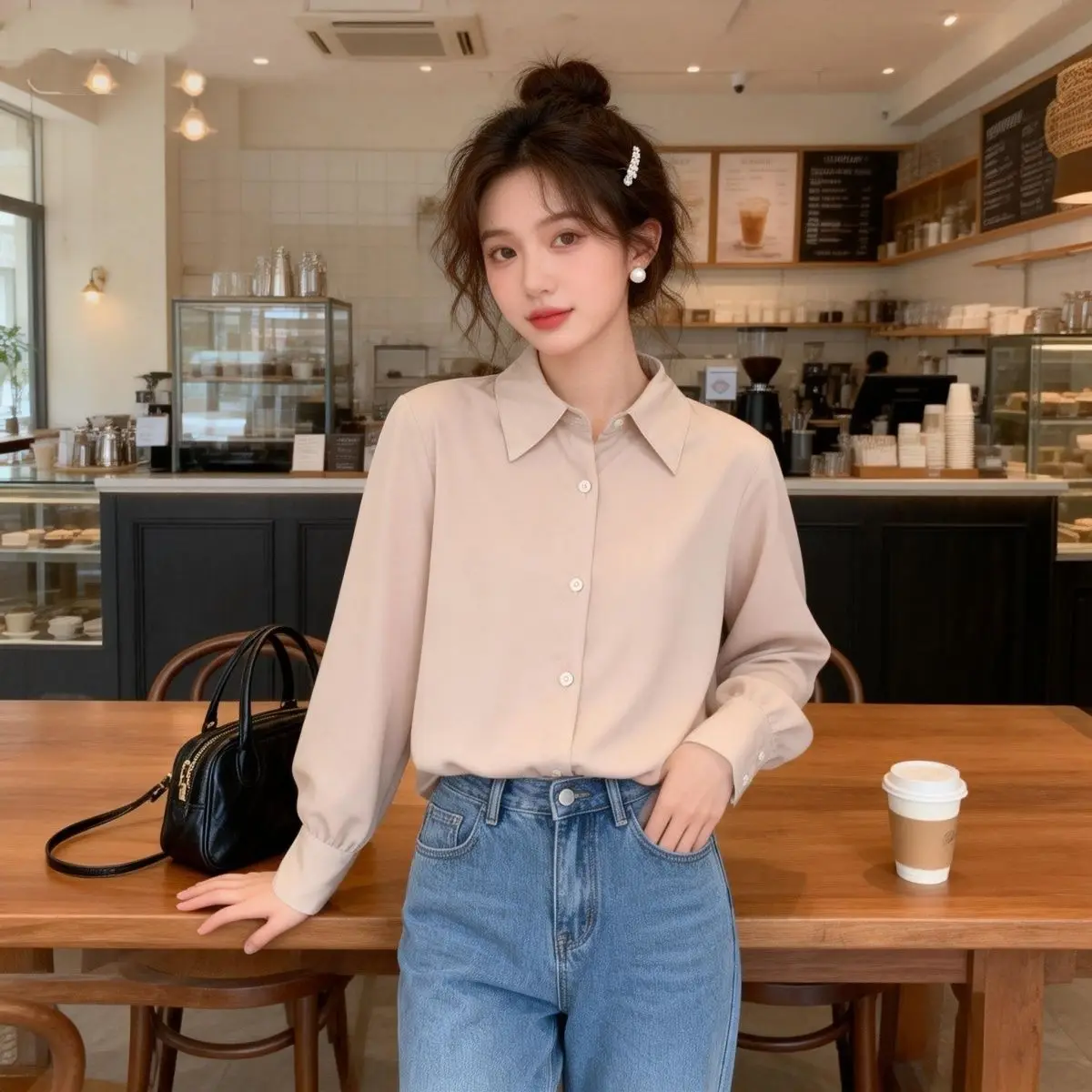 

Весенне-осенняя корейская однотонная базовая блузка с воротником, женская свободная повседневная верхняя одежда, модная стильная блузка для многослойных образов