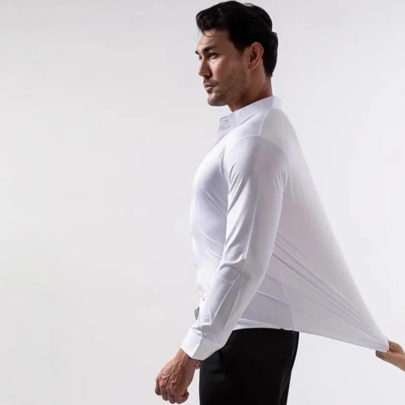 Premium Men's Ultra Stretch Dress Shirts Long Sleeve High Quality Business Formal Wrinkle-free Soft White Social Male Clothing