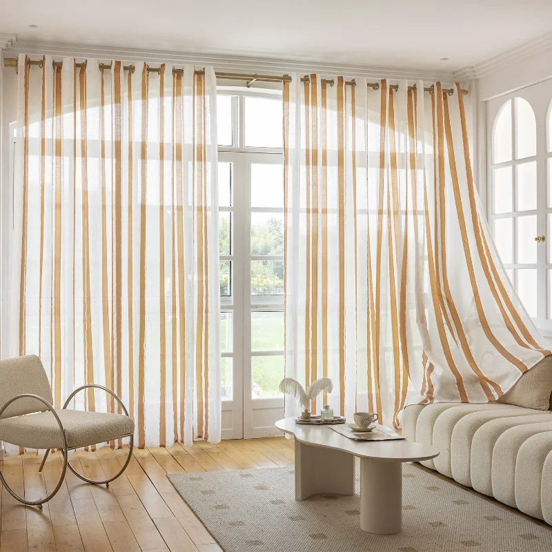 Striped Imitation Cotton Yarn for Living Room, Bedroom, Dining Room and Kitchen. Transparent Curtains. Finished Window Curtains.