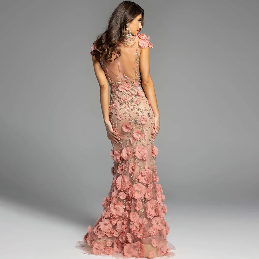 Luxury Scoop Neck Short Sleeve Prom Gowns Customizd Ruffle Mermaid Hem with Handmade Flower Evening Dresses Party Dress