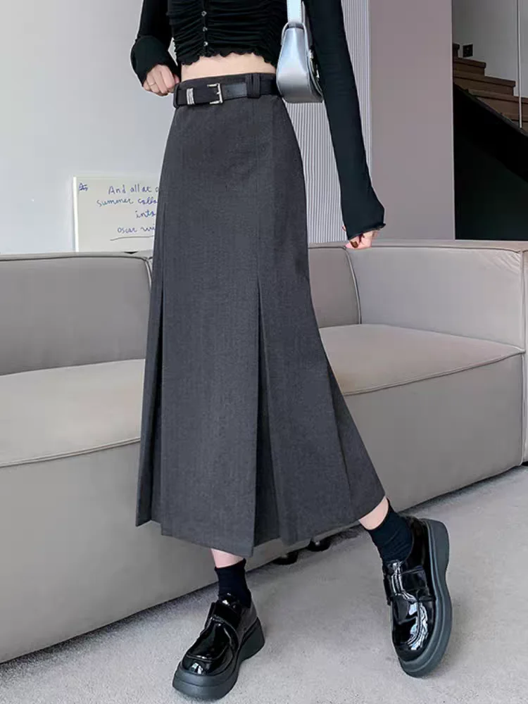 Grey Draped Tweed Midi Skirts for Women 2025 - High-Waisted Pleated Straight Skirt, Elegant A-Line Office Pencil Skirt