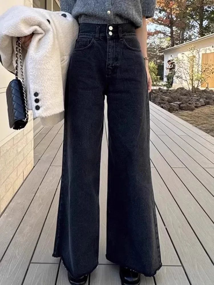 Double Button Black Wide Leg Jeans Women Streetwear Korean Fashion Baggy Jeans Mom Pocket Dark Blue Denim Pants Loose Style