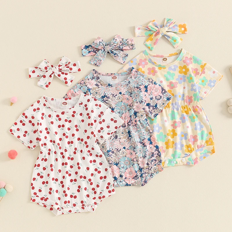 

2024-05-07 Lioraitiin Summer Baby Girls Sweet Romper Short Sleeve O Neck Cherry Print Romper with Headband