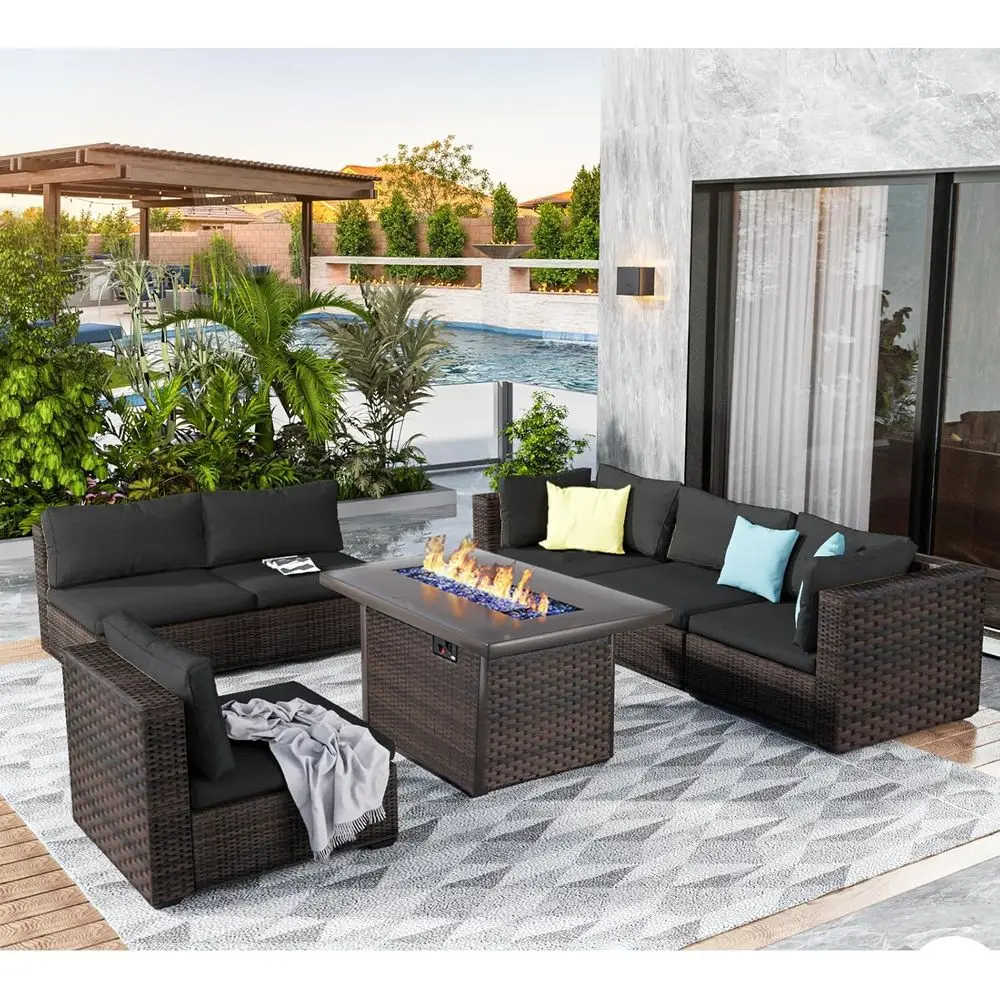 

7-Piece Outdoor Sectional Patio Furniture Set with Fire Pit Table, PE Rattan Wicker, Black Cushions