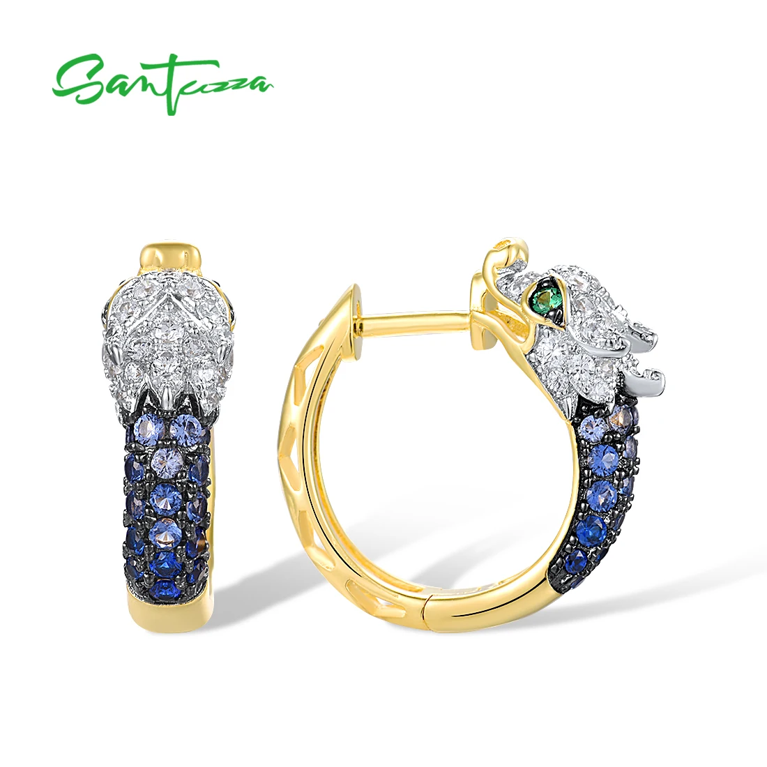 SANTUZZA Pure 925 Sterling Silver Hoop Earrings For Women Sparkling Blue Green Stone White CZ Dragon Party Lovely Fine Jewelry
