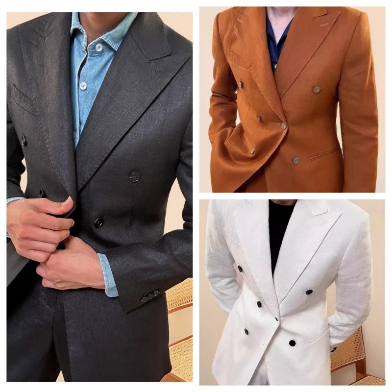 

2025 New White Pure Linen Double-breasted Men Suit Set High-end Slim Fit Business Casual Apparel Wedding Banquet 2-piece