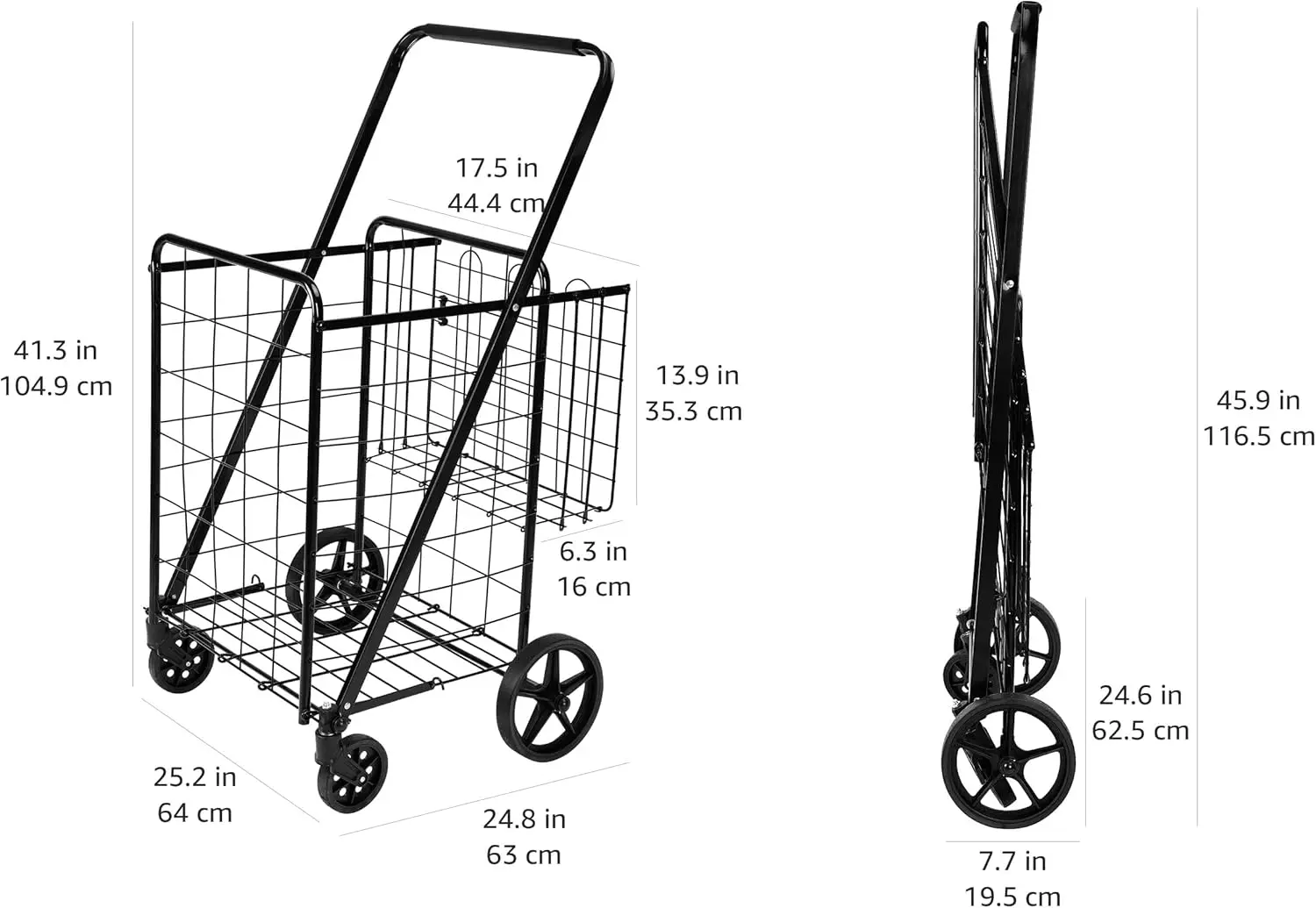 Foldable Shopping Utility Cart with 360-Degree Wheels, X-Large, Black