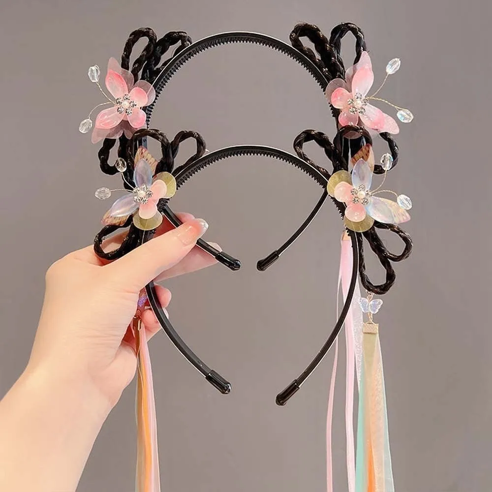 النمط الصيني فراشة الشريط عقال رائعة التطريز الخرز الباروكات شعر مضفر هوب شرابة القوس الفتيات Hanfu أغطية الرأس #4